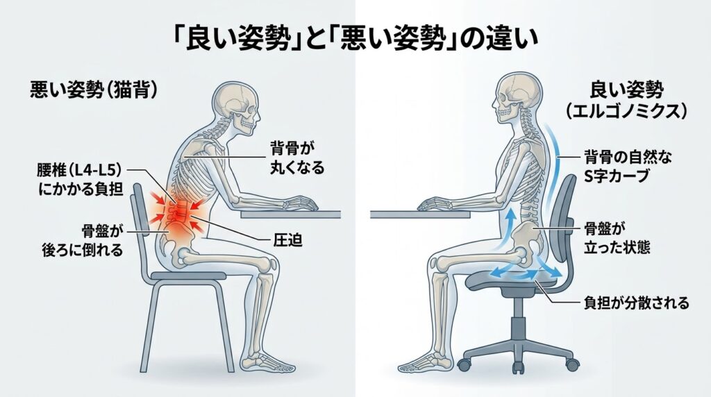 デスクワーク時の「良い姿勢（エルゴノミクス）」と「悪い姿勢（猫背）」の違いを骨格レベルで比較したイラスト。左側の悪い姿勢では背骨が丸まり、骨盤が後傾して腰椎（L4-L5）に負担が集中している様子（赤色）が描かれています。右側の良い姿勢では、背骨の自然なS字カーブが保たれ、骨盤が立ち、座面で負担が分散されている様子（青色）が解説されています。