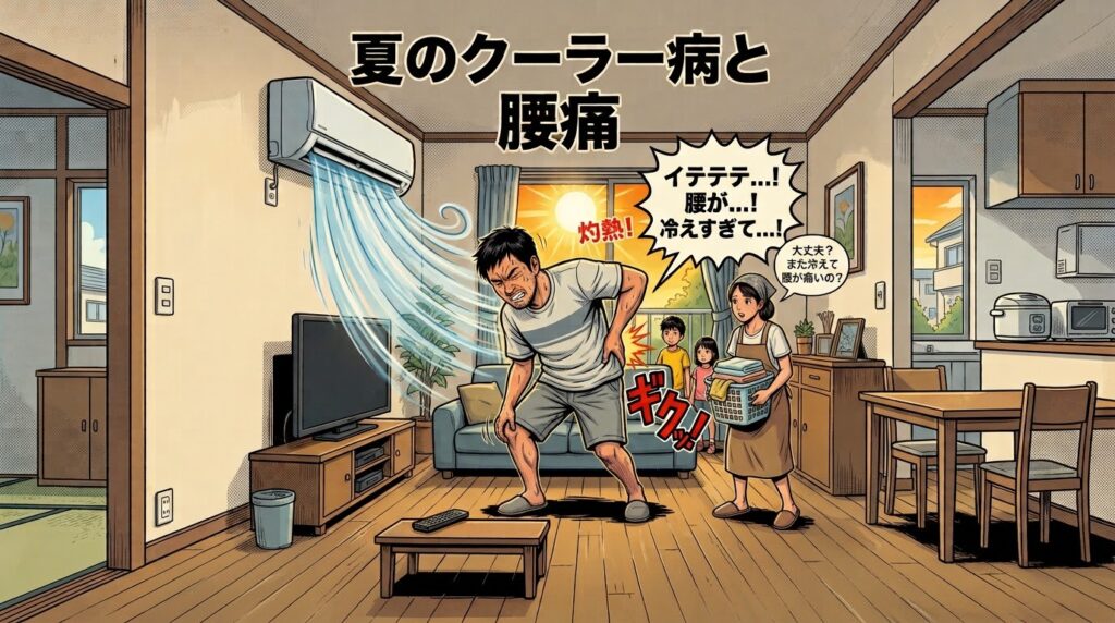 夏の室内でエアコンの冷風を直接浴びて腰を痛めているお父さんと、洗濯物を持ちながら心配するお母さん、子どもたちの様子を描いたアメコミ風イラスト。「夏のクーラー病と腰痛」というタイトル文字が含まれています。