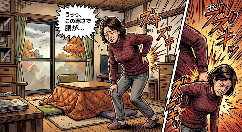 秋の寒さで腰痛に悩む日本人中年女性のアメコミ風イラスト。こたつがある部屋で辛そうに腰を押さえており、「ううっ、この寒さで腰が...」という吹き出しと、痛みを表す「ズキズキ」という擬音語が描かれています。