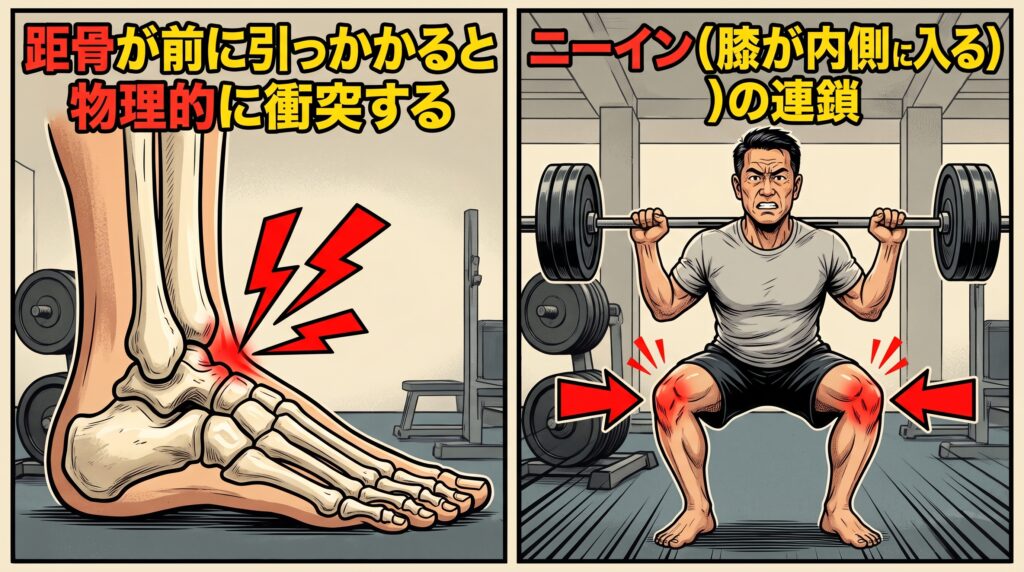 足首の「距骨(きょこつ)」の詰まりと、それが引き起こすスクワット時の「ニーイン(膝が内側に入る)」の連鎖を解説する、アメコミ・ジムポスター風の2分割イラスト。横長16:9サイズ。 【左パネル:「距骨が前に引っかかると物理的に衝突する」】 足首の骨格を横から見たイラスト。すねの骨と関節の奥の骨(距骨)の前側がガツンとぶつかり合い、物理的にロックされて詰まっている状態を赤い稲妻マークで強調している。 【右パネル:「ニーイン(膝が内側に入る)の連鎖」】 バーベルスクワットをしている日本人中年男性の正面イラスト。足首が曲がらない代償として両膝が内側に倒れ込んで(ニーインして)おり、両膝に向かって内側を指す赤い矢印と、膝への負担を示す赤いマークが描かれている。男性は苦痛の表情を浮かべている。