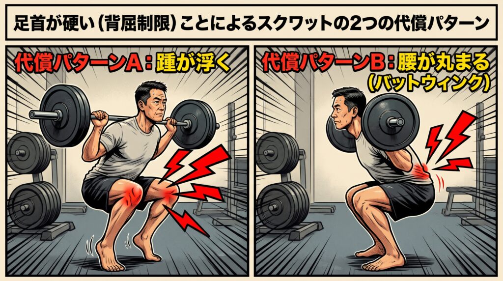 足首の硬さ(背屈制限)によるスクワットの2つの代償パターンを解説する、アメコミ・ジムポスター風の2分割イラスト。日本人の中年男性がモデル。横長16:9サイズ。 【上部タイトル】「足首が硬い(背屈制限)ことによるスクワットの2つの代償パターン」 【左パネル:「代償パターンA:踵が浮く」】 バーベルを担いでしゃがむ際、すねを前に倒せないため踵が浮き上がっている状態。膝関節に凄まじいストレスがかかっていることを示す、赤い稲妻のマークが膝に描かれている。 【右パネル:「代償パターンB:腰が丸まる(バットウィンク)」】 踵を地面につけたまま無理にしゃがもうとし、お尻を後ろへ突き出して腰椎が丸まって(屈曲して)いる状態。腰に危険なストレスがかかっていることを示す、赤い稲妻のマークが腰に描かれている。