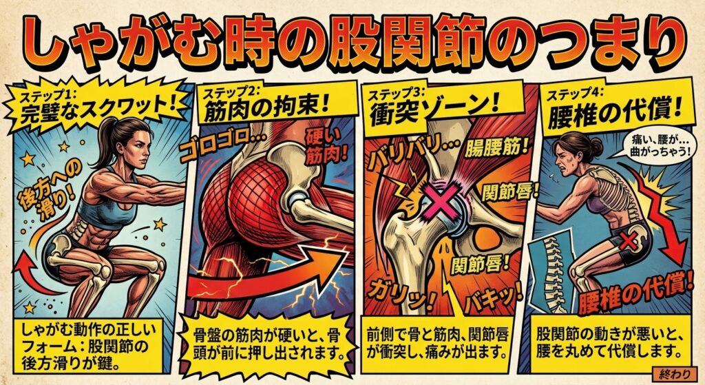 しゃがんだときの股関節のつまりとメカニズムを解説したアメコミ風4コマイラスト。1：後方へ滑る正常なスクワット動作、2：お尻の深層筋肉の硬さで骨頭が前へ押し出される様子、3：前側で骨頭が腸腰筋や関節唇を挟み込み衝突する様子（FAI様症状）、4：股関節が曲がらず腰を丸めて代償する様子。
