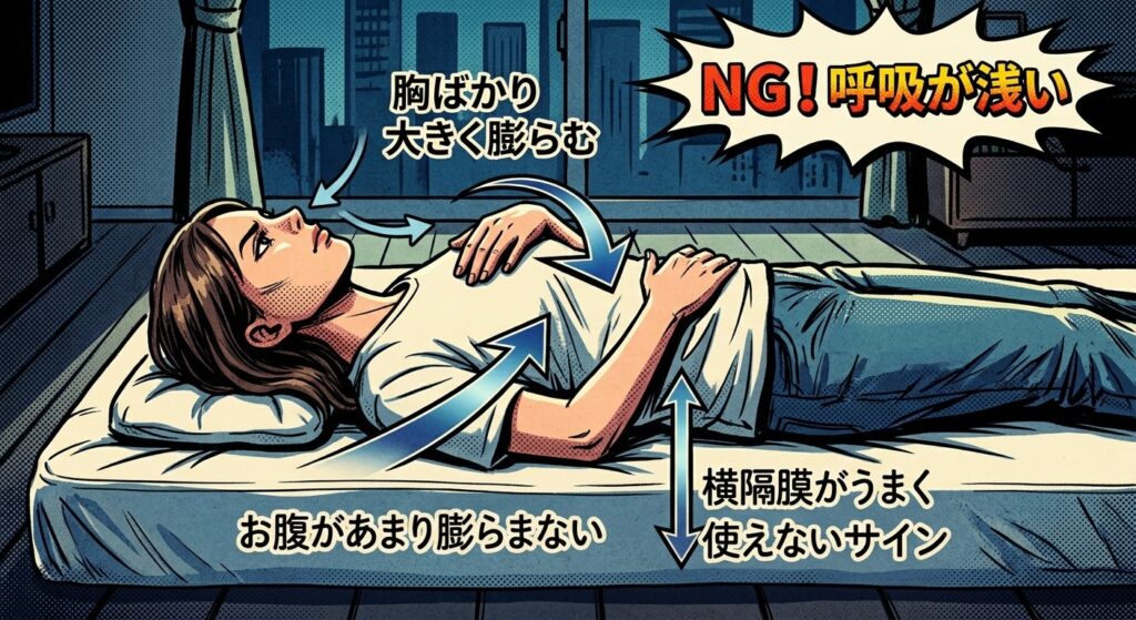 仰向けで片手を胸、もう片手をお腹に当てて呼吸を確認しているアメコミ風のイラスト。胸だけが膨らみお腹が膨らまない状態は、横隔膜がうまく使えていない「呼吸が浅いサイン」であることを示しています。