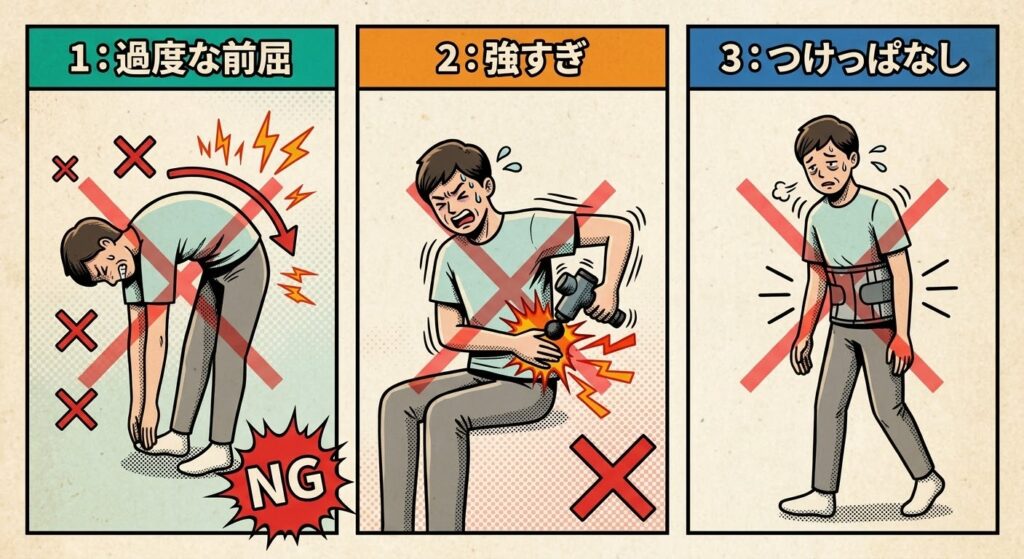 腰に負担をかける3つのNG行動を描いたアメコミ風のイラスト。左から「1：過度な前屈」（無理に前屈みになる姿勢）、「2：強すぎ」（マッサージガンを腰に強く当てすぎる）、「3：つけっぱなし」（腰痛コルセットを長時間着けたままにする）の様子が、それぞれ赤いバツ印と共に描かれている。
