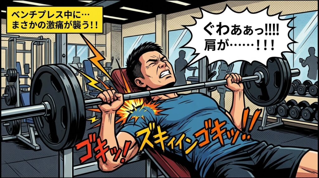 ジムでベンチプレス中に肩に激痛が走り、「ぐわぁぁっ!!!! 肩が……!!!」と苦痛の表情を浮かべる男性のアメコミ風イラスト