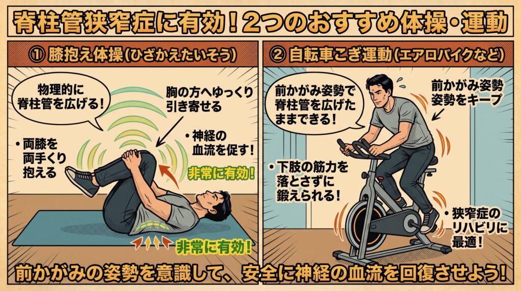 脊柱管狭窄症に有効な2つの体操・運動を解説する、アメコミ風の2分割イラスト。 【上部タイトル】「脊柱管狭窄症に有効！2つのおすすめ体操・運動」 【左パネル：①膝抱え体操（ひざかえたいそう）】 仰向けに寝て、両膝を両手で抱え込んで胸の方へ引き寄せている男性。腰の部分に緑色の波形エフェクトが描かれ、狭くなった脊柱管が物理的に広がって神経の血流が促される仕組みが示されている。「物理的に脊柱管を広げる！」「胸の方へゆっくり引き寄せる」「神経の血流を促す！」「非常に有効！」と記載され、自宅でできる効果的な体操であることが一目でわかるようになっている。 【右パネル：②自転車こぎ運動（エアロバイクなど）】 室内で前かがみ姿勢を保ちながらエアロバイクをこいでいる男性。ペダルの周りに動きを示すエフェクトが描かれている。「前かがみ姿勢で脊柱管を広げたままできる！」「前かがみ姿勢をキープ」「下肢の筋力を落とさずに鍛えられる！」「狭窄症のリハビリに最適！」と説明され、神経を圧迫せずに下半身を鍛えられる最適なリハビリ運動であることが示されている。 【最下部タイトル】「前かがみの姿勢を意識して、安全に神経の血流を回復させよう！