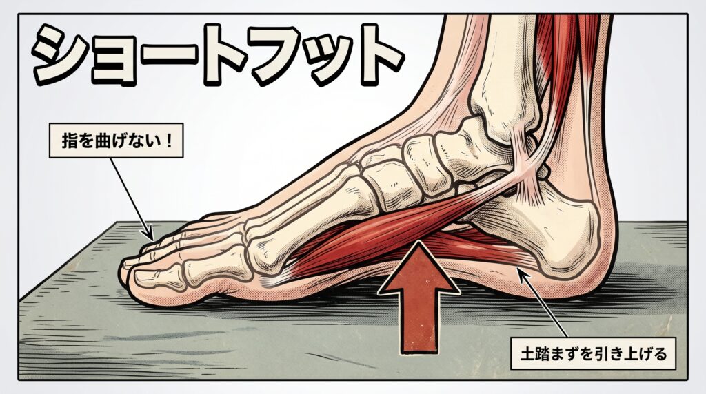 後脛骨筋などを活性化させ、自前のアーチ保持力を再構築する「ショートフット・エクササイズ」の解説イラスト。アメコミ・インフォグラフィック風。正方形。 足部を内側から見たクローズアップ構図。足の指は曲げずに床につけたまま、足裏のターゲット筋肉（赤く強調された部分）を使って土踏まずを上へと高く引き上げる動きを、透視図と太い上向きの赤矢印で解説。「指を曲げない！」「土踏まずを引き上げる」というポイントを白枠テキストで配置している。