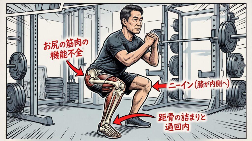 足首の過回内（距骨の詰まり）とお尻の筋肉の機能不全が引き起こす「ニーイン（膝が内側へ入る動作）」の悪循環を解説するアメコミ・インフォグラフィック風イラスト。背景はクリーンなジムの風景。 スクワット動作をする日本人中年男性を描き、右脚部分を透視して骨格と筋肉を表示。お尻の筋肉の機能不全から膝が内側へ倒れ込み、足首（距骨）が潰れるように過回内する「下降性運動連鎖」のベクトルを、解剖学的に正しい赤い矢印で明示している。