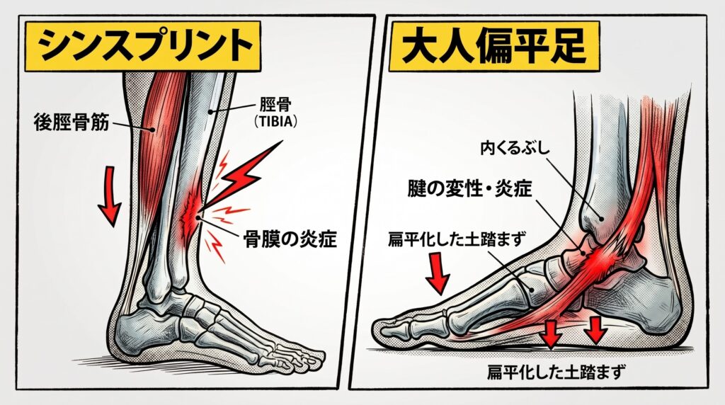 後脛骨筋の酷使によって引き起こされる「シンスプリント」と「大人偏平足」の発生メカニズムを解説する2分割イラスト。クリーンな背景色のアメコミ・インフォグラフィック風。横長16:9サイズ。 【左パネル：シンスプリント】 すねの内側の痛みを解説。土踏まずが下がることで後脛骨筋が下に引っ張られ、すねの骨（脛骨）の骨膜に炎症が起きている状態を赤い稲妻マークで強調している。 【右パネル：大人偏平足】 アーチの消失を解説。内くるぶしの下で後脛骨筋の腱が変性・炎症を起こし、土踏まずが扁平化して下へと潰れ落ちていく様子を赤い矢印で示している。