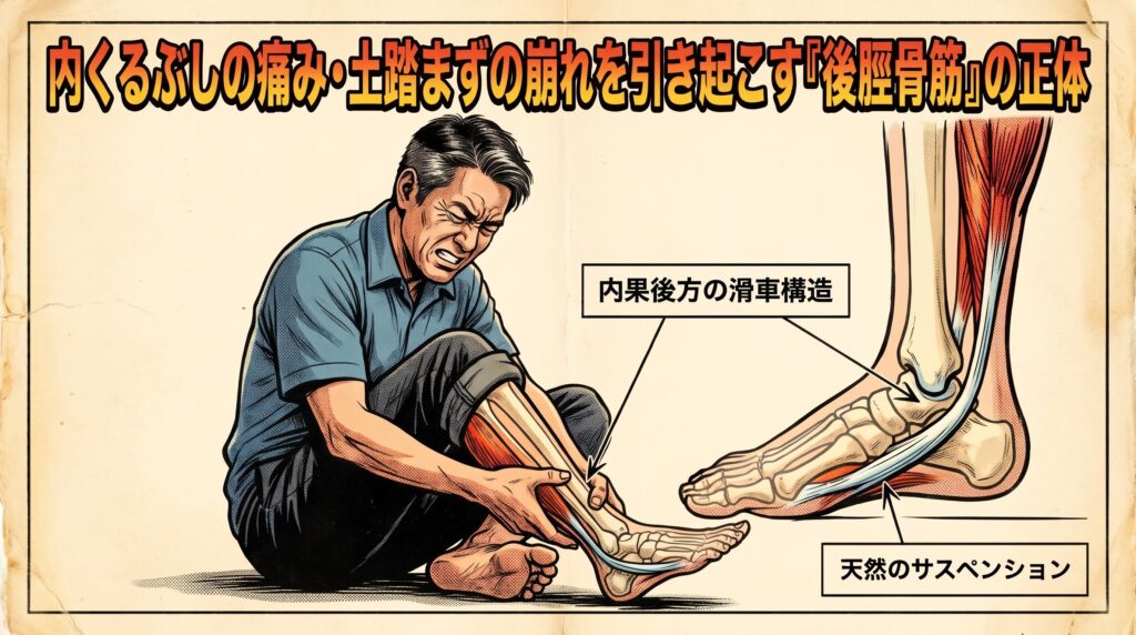 内くるぶしの痛みや土踏まずの崩れの原因となる「後脛骨筋（こうけいこつきん）」の解剖学的な構造を解説する、アメコミ・インフォグラフィック風のイラスト。正方形1:1サイズ。 【左側】 夕方の立ち仕事や運動後に、内くるぶしの下から土踏まずにかけての痛みに顔をしかめている日本人中年男性の描写。 【右側（透視解剖図）】 足元の骨格と後脛骨筋を透視したイラスト。すねの裏側から内果（内くるぶし）の後ろの溝を滑車のように通り、土踏まず（舟状骨）へと扇状に付着する筋肉の走行が赤く強調されている。「内果後方の滑車構造」「天然のサスペンション」という解説テキストが引き出し線で配置されている。