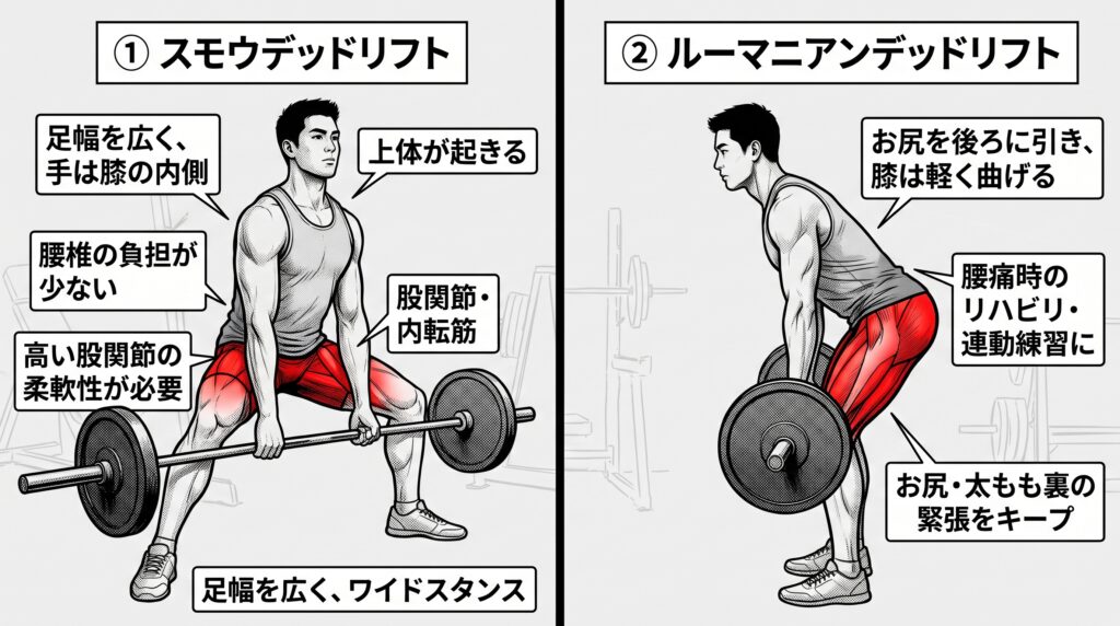 デッドリフトのバリエーション「スモウデッドリフト（ワイド）」と「ルーマニアンデッドリフト（RDL）」のフォームと筋肉の使われ方の違いを解説するアメコミ・インフォグラフィック風イラスト。背景はクリーンなライトグレー。左右2分割の構成。横長16:9サイズ。 左半分は「① スモウデッドリフト」。足を非常に広く開き、膝の内側でバーを握るフォーム。上体が起きるため「腰椎の負担が少ない」が、赤く強調された股関節・内転筋を見せ「高い股関節の柔軟性が必要」と解説している。 右半分は「② ルーマニアンデッドリフト」。足幅は狭く、お尻を後ろに引いて膝を軽く曲げたまま、バーを膝からすねの高さでキープするフォーム。赤く強調されたお尻と太もも裏を示し、「お尻・太もも裏の緊張をキープ」すること、「腰痛時のリハビリ・連動練習に」最適であることを解説している。