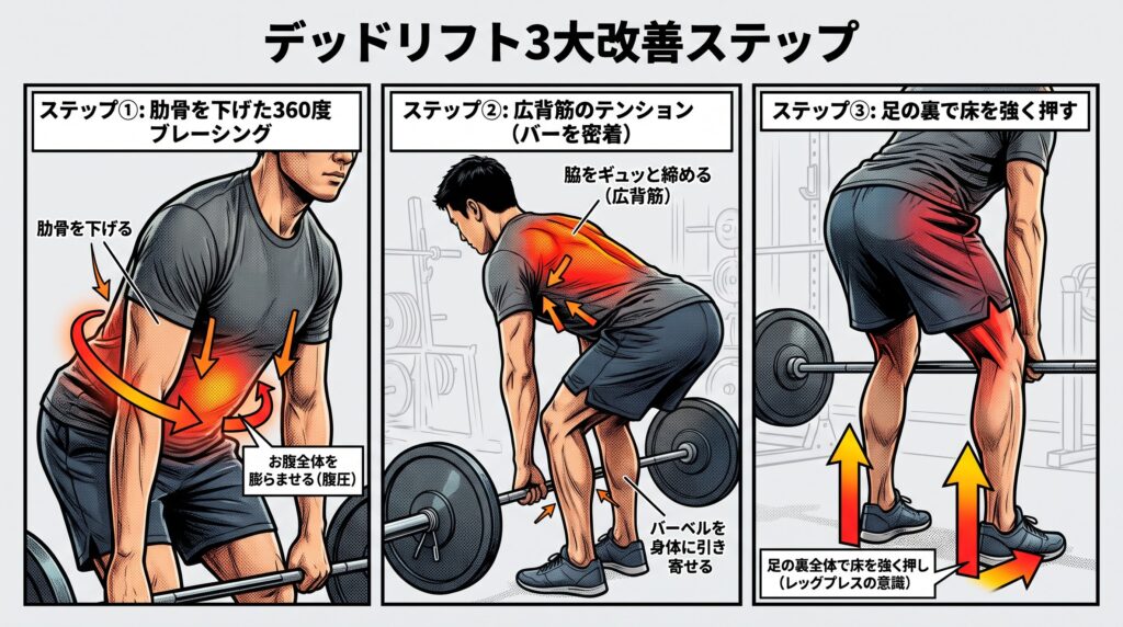 デッドリフトの腰痛を防ぐ「3大改善ステップ」を1枚で網羅した、アメコミ・インフォグラフィック風の3分割イラスト。背景はクリーンなライトグレーで、左からステップ①、②、③が横並びになった構成。横長16:9サイズ。 左パネル「ステップ①: 肋骨を下げた360度ブレーシング」 男性の胴体（お腹周り）のクローズアップ。「肋骨を下げる」ことを示す下向き矢印と、お腹から腰にかけて360度全方向に圧をかける「お腹全体を膨らませる（腹圧）」様子を、赤とオレンジの円状エフェクトで描写。 中央パネル「ステップ②: 広背筋のテンション（バーを密着）」 男性が前傾してバーベルを握る上半身のカット。背中（広背筋）が赤く強調され、脇を締める矢印とともに「脇をギュッと締める（広背筋）」と解説。バーベルがすねに密着している様子を「バーベルを身体に引き寄せる」と説明している。 右パネル「ステップ③: 足の裏で床を強く押す」 男性の下半身と床のカット。お尻から太もも・ふくらはぎが赤く強調され、足裏から地面へ、そして地面から全身へと伝わる力強い推進力を上向きの黄色・赤の大きな矢印で描写。「足の裏全体で床を強く押し返す（レッグプレスの意識）」と解説している。