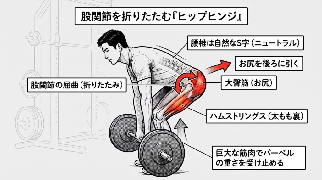 デッドリフトで腰の負担をゼロにする「ヒップヒンジ（股関節の折りたたみ）」の生体力学を解説するアメコミ・インフォグラフィック風イラスト。背景はクリーンなライトグレー。横長16:9サイズ。 日本人男性が背中を平ら（自然なS字ニュートラル）に保ったまま、股関節を折りたたんでお尻を後ろに引いている理想的なフォーム。 股関節（付け根）にある曲がった赤矢印が「股関節の屈曲（折りたたみ）」を示し、お尻の後ろにある赤矢印が「お尻を後ろに引く」動作を解説している。 バーベルの重量負荷を吸収している「大臀筋（お尻）」と「ハムストリングス（太もも裏）」だけが鮮烈な赤色で強調されており、太ももの前側（大腿四頭筋）や腰椎（腰）には一切赤色がなく、安全に負荷を受け止めている様子が視覚的に説明されている。