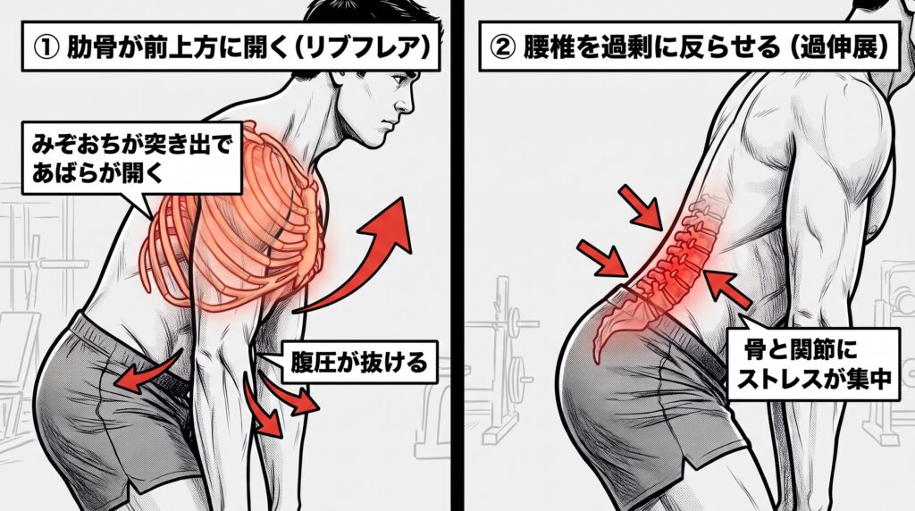 デッドリフトにおける2つの危険な腰痛エラー「リブフレア（肋骨の開き）」と「腰椎の過伸展（反りすぎ）」を解説するアメコミ・インフォグラフィック風イラスト。背景はクリーンなライトグレーで、左右2分割の構成。横長16:9サイズ。 左半分は「① 肋骨が前上方に開く（リブフレア）」。背筋を伸ばそうとするあまり、みぞおちが前に突き出て肋骨（あばら）の前下部が前上方にパカッとめくれ上がるように開いた状態を赤いハイライトと上向きの矢印で描写。お腹から「腹圧が抜ける」様子も矢印で解説している。 右半分は「② 腰椎を過剰に反らせる（過伸展）」。硬い胸椎の代わりに腰椎（腰の骨）だけをギチギチに反らせてしまっている状態を赤いハイライトと圧縮する矢印で描写。「骨と関節にストレスが集中」と解説している。